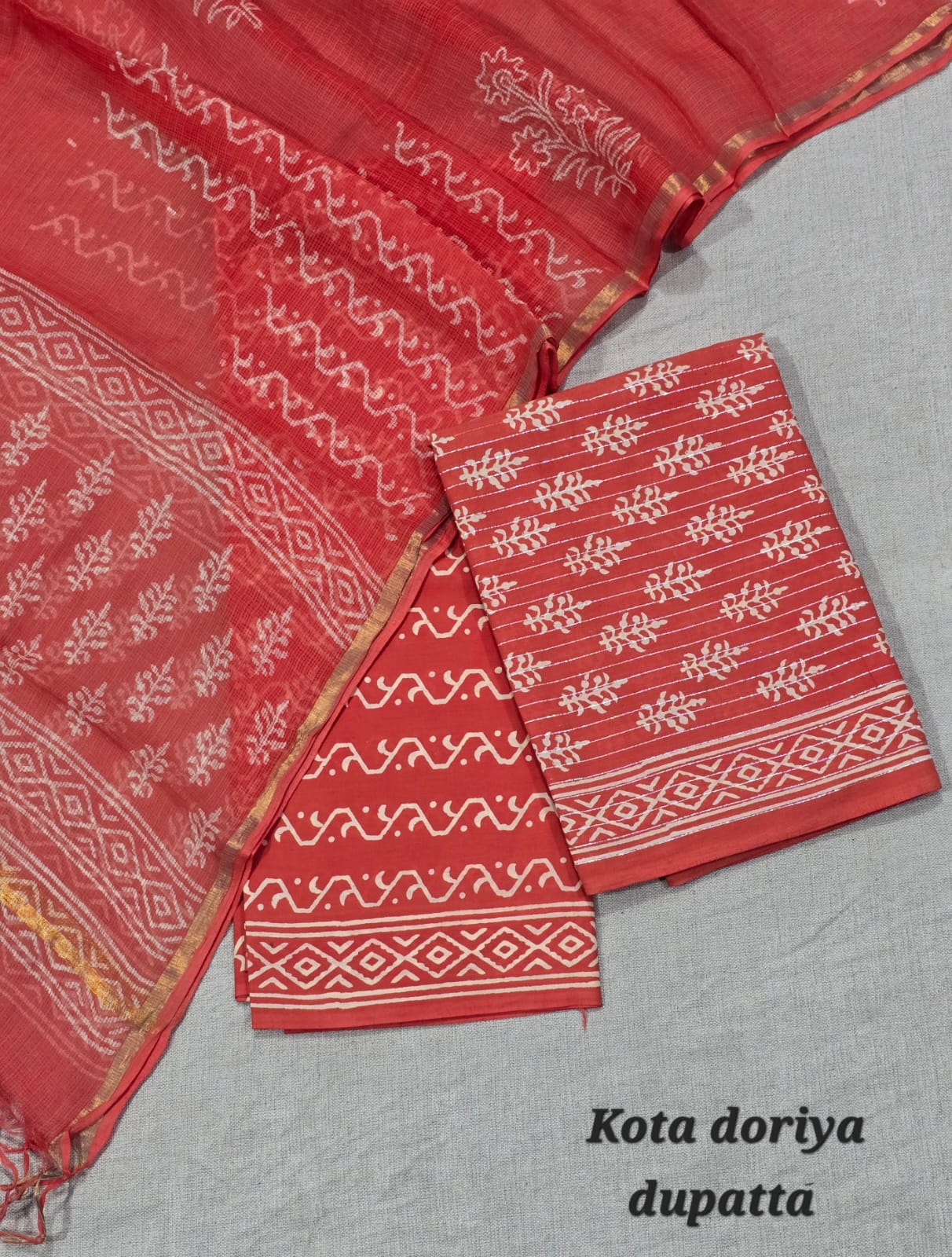 Minimal Block Print Pure Cotton Suit with Kota Cotton Dupatta – Ivory Elegant Set