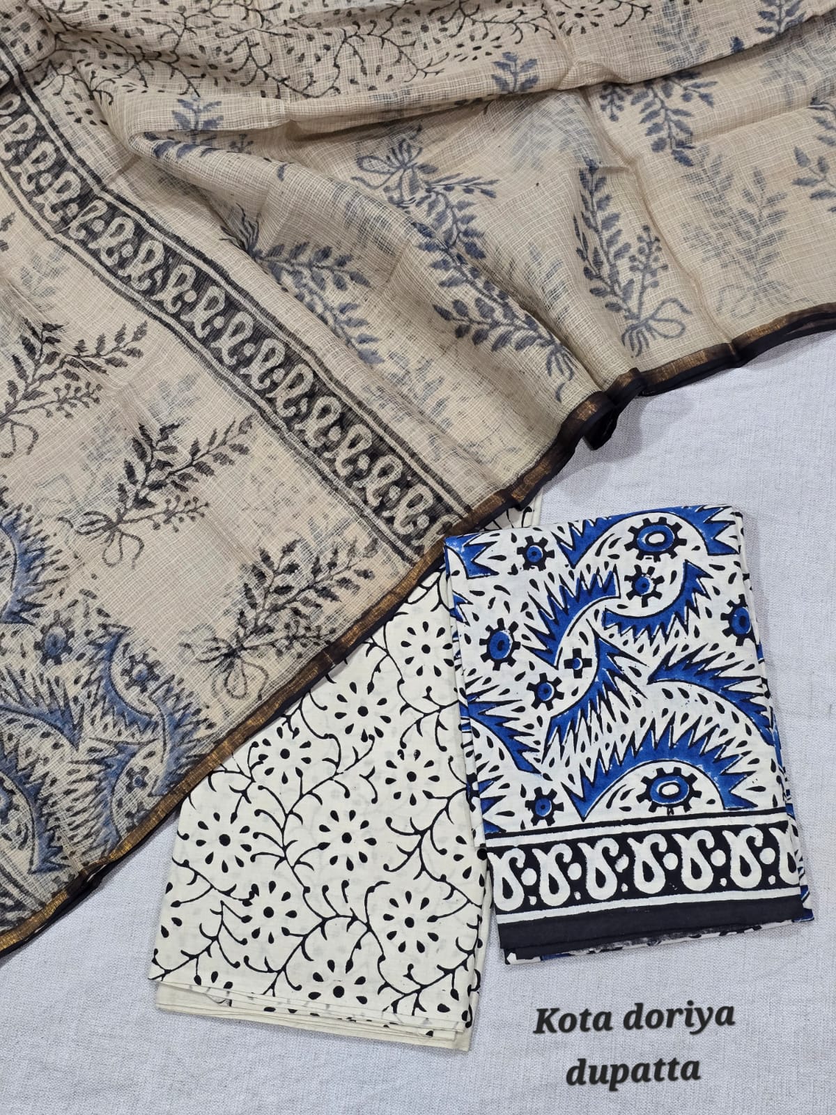 Bagru Hand Block Printed Pure Cotton Suit with Kota Cotton Dupatta – Beige Elegant Set