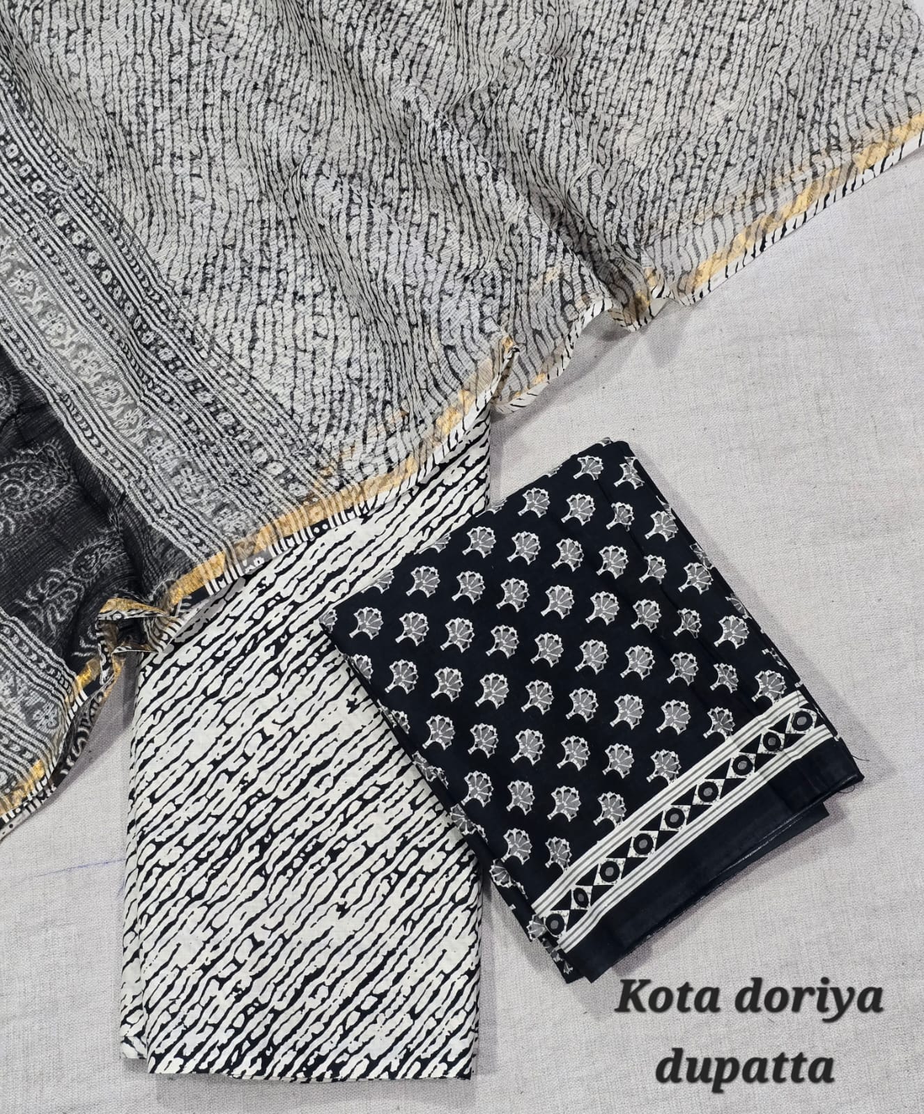 Floral Block Print Pure Cotton Suit with Kota Cotton Dupatta – Mustard Elegant Set