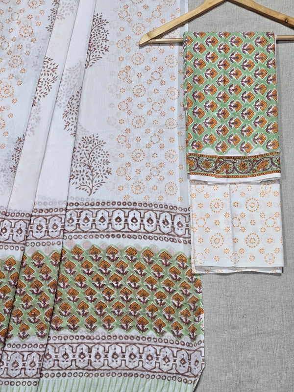 Hand Block Printed Unstitched Cotton Suit Set WIth Cotton Dupatta