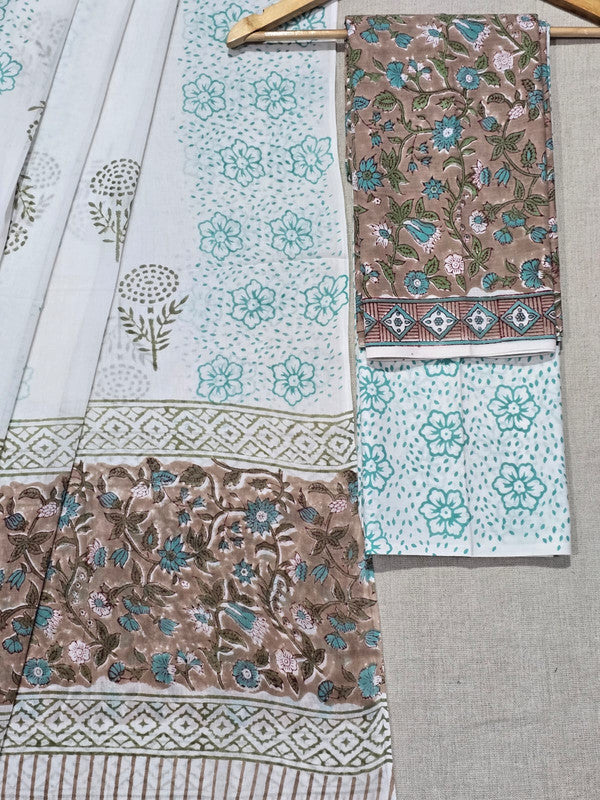 Hand Block Printed Unstitched Cotton Suit Set WIth Cotton Dupatta