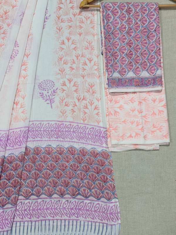 Hand Block Printed Unstitched Cotton Suit Set WIth Cotton Dupatta