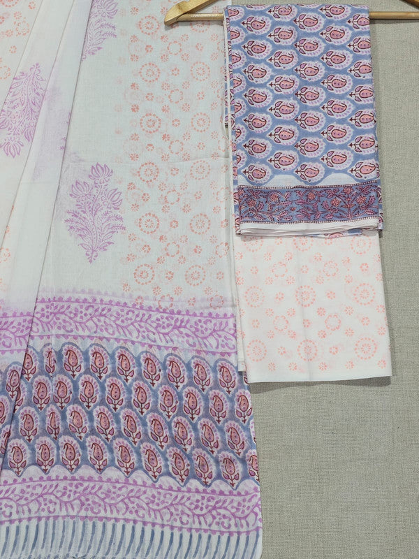 Hand Block Printed Unstitched Cotton Suit Set WIth Cotton Dupatta