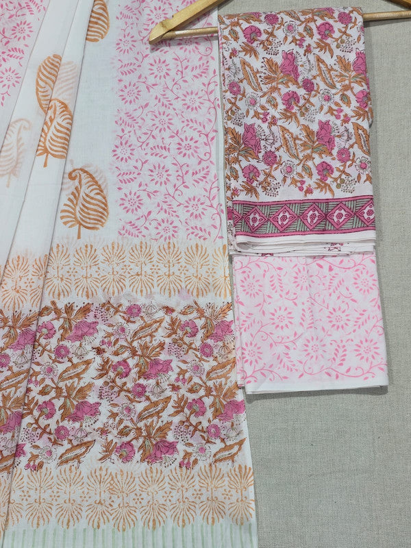 Hand Block Printed Unstitched Cotton Suit Set WIth Cotton Dupatta