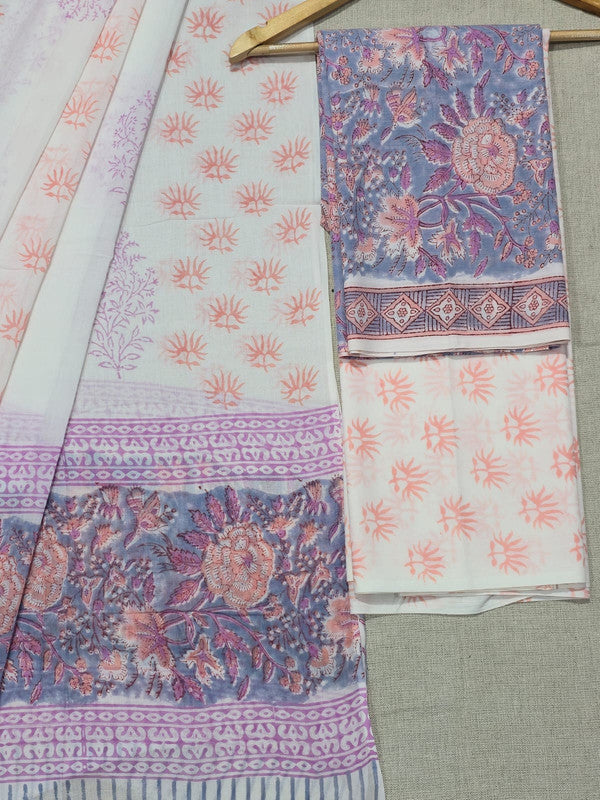 Hand Block Printed Unstitched Cotton Suit Set WIth Cotton Dupatta