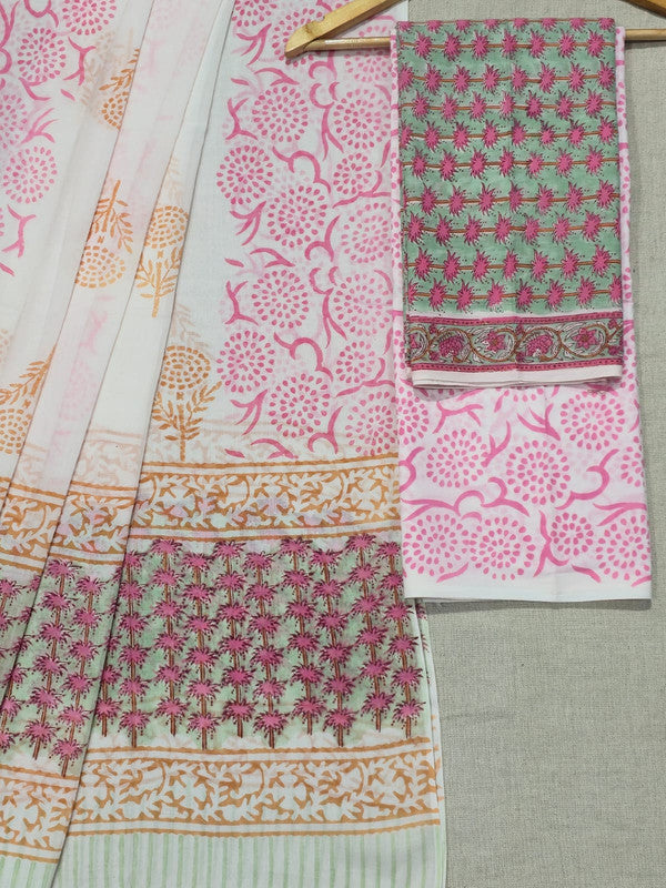 Hand Block Printed Unstitched Cotton Suit Set WIth Cotton Dupatta