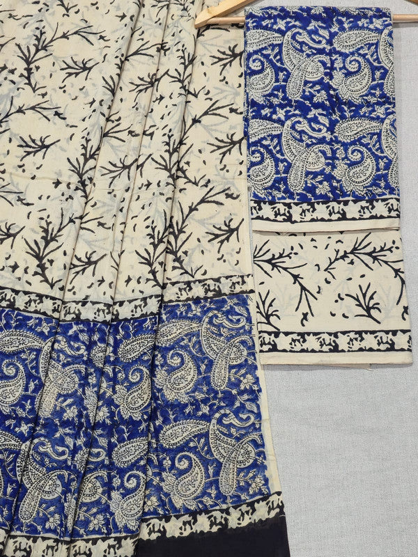 Hand Block Printed Unstitched Cotton Suit Set WIth Cotton Dupatta