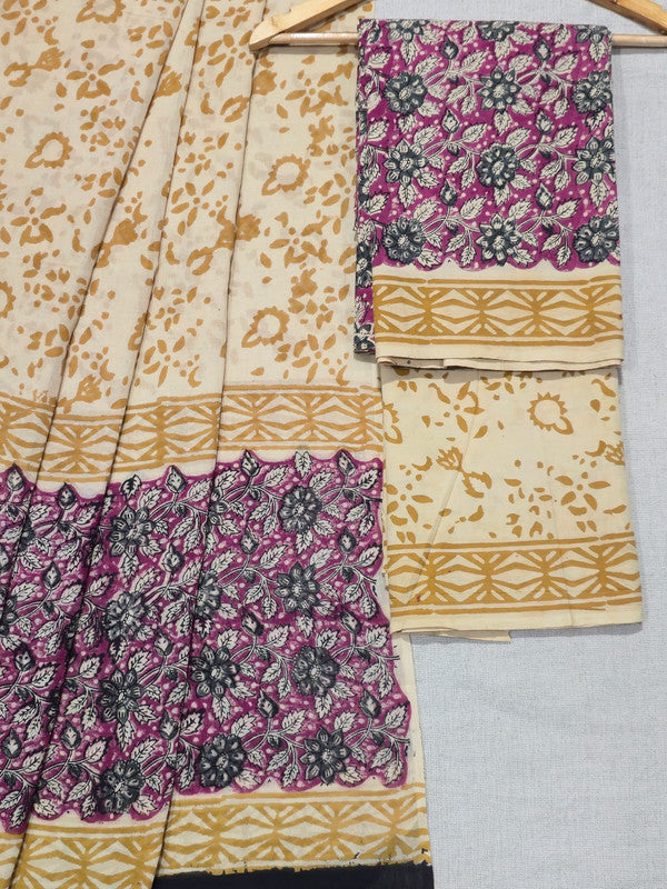 Hand Block Printed Unstitched Cotton Suit Set WIth Cotton Dupatta
