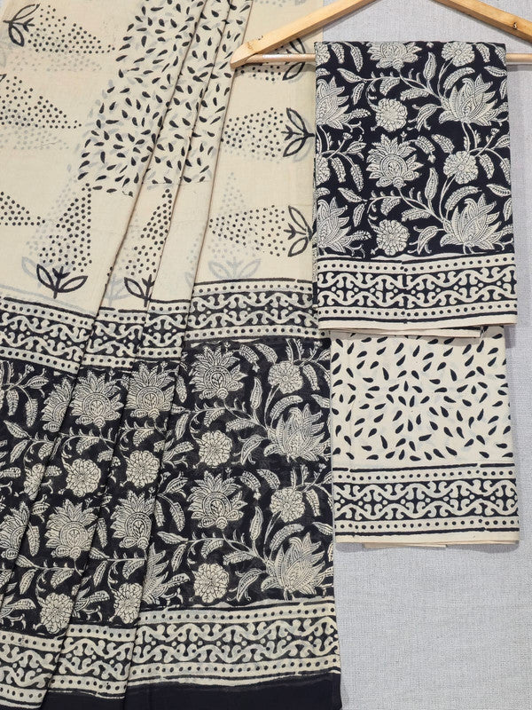 Hand Block Printed Unstitched Cotton Suit Set WIth Cotton Dupatta