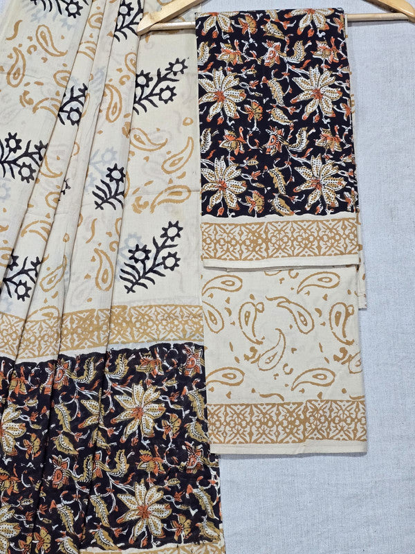 Hand Block Printed Unstitched Cotton Suit Set WIth Cotton Dupatta