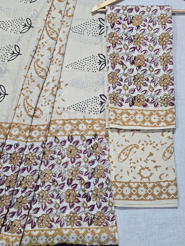 Hand Block Printed Unstitched Cotton Suit Set WIth Cotton Dupatta