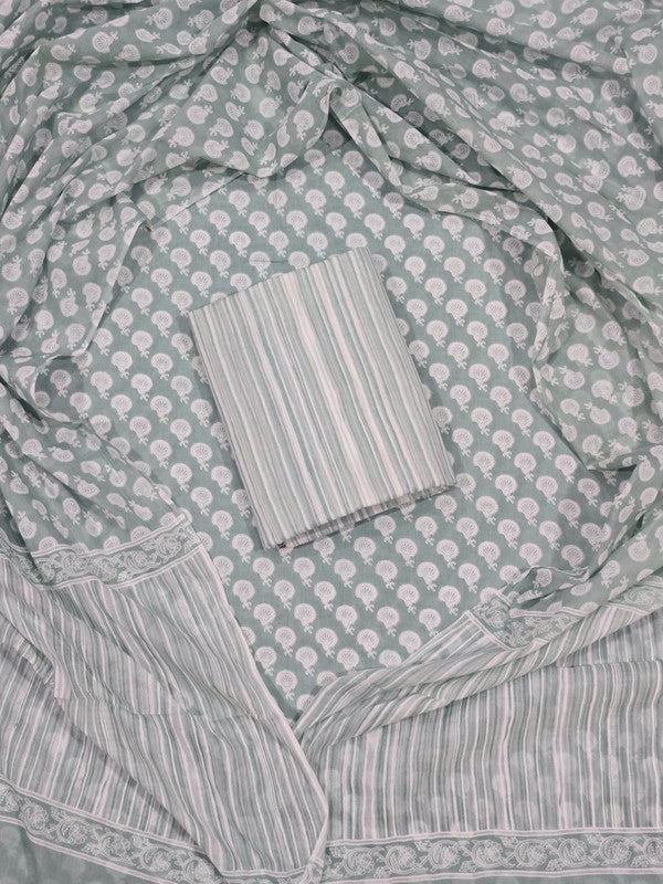 Hand Block Printed Unstitched Cotton Suit Set WIth Cotton Dupatta