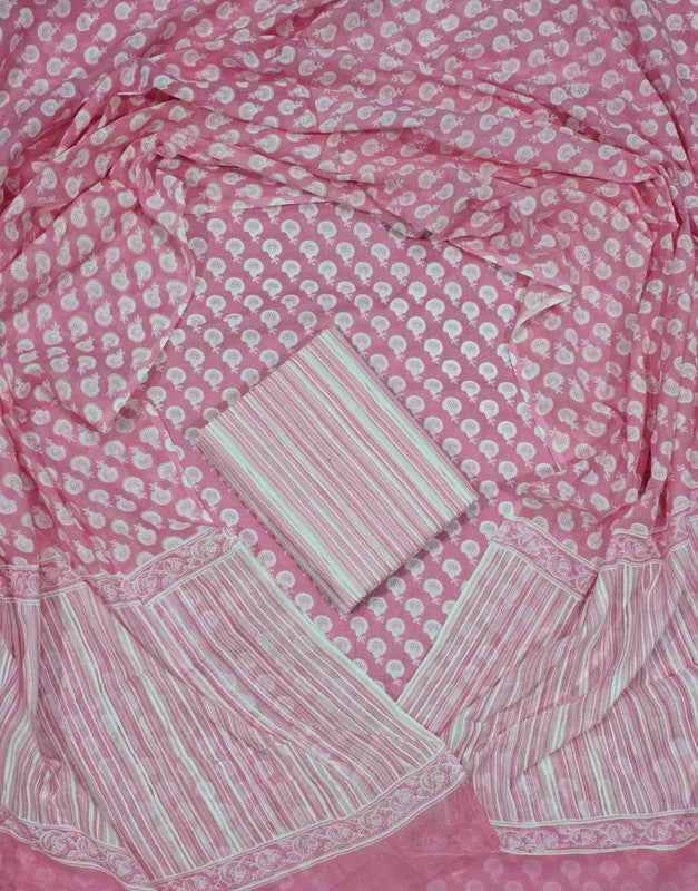Hand Block Printed Unstitched Cotton Suit Set WIth Cotton Dupatta