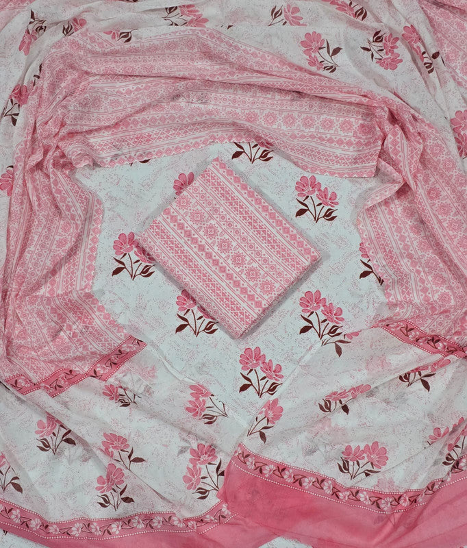 Hand Block Printed Unstitched Cotton Suit Set WIth Cotton Dupatta