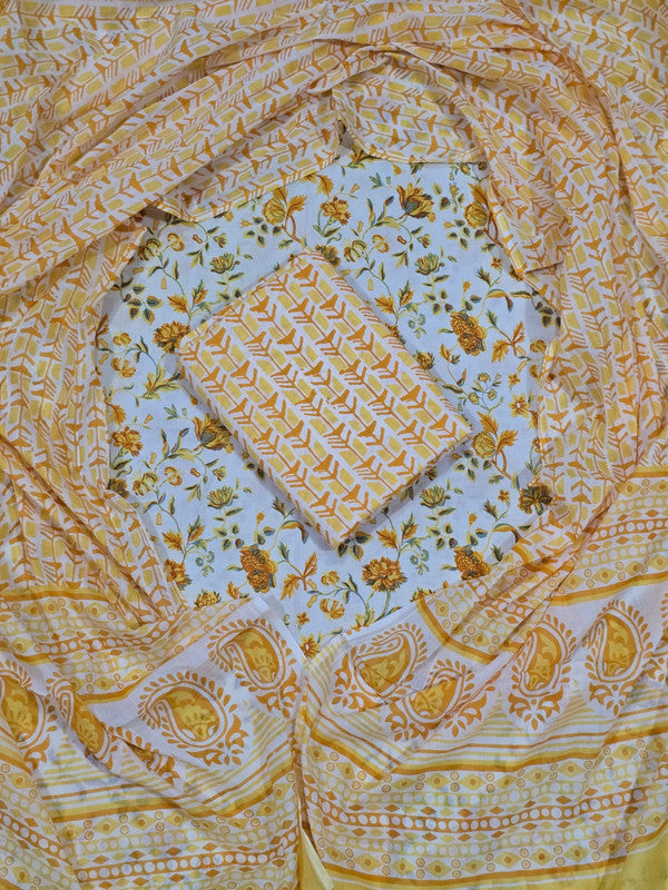 Hand Block Printed Unstitched Cotton Suit Set WIth Cotton Dupatta