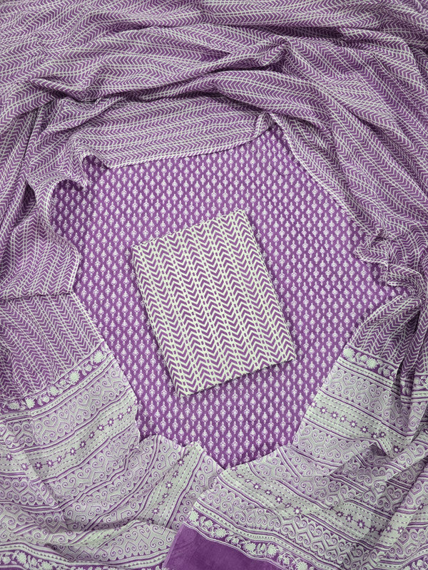 Hand Block Printed Unstitched Cotton Suit Set WIth Cotton Dupatta