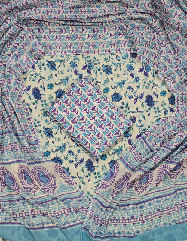 Hand Block Printed Unstitched Cotton Suit Set WIth Cotton Dupatta