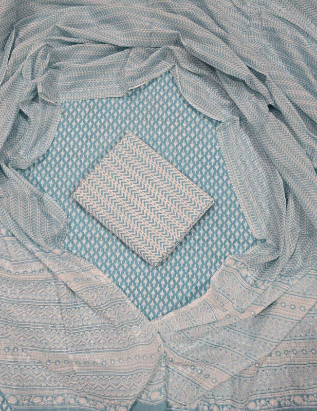Hand Block Printed Unstitched Cotton Suit Set WIth Cotton Dupatta