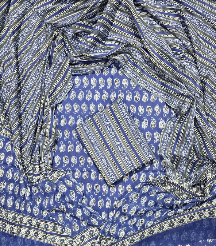 Hand Block Printed Unstitched Cotton Suit Set WIth Cotton Dupatta