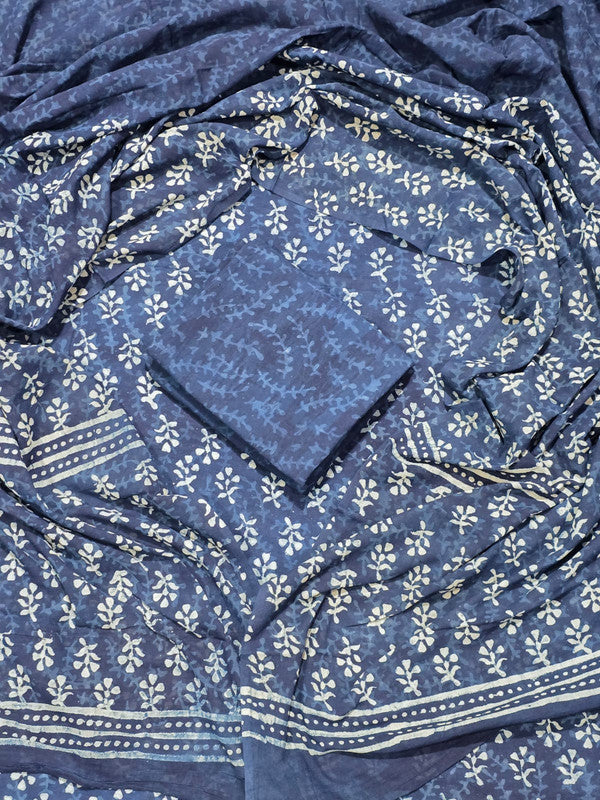 Hand Block Printed Unstitched Cotton Suit Set WIth Cotton Dupatta