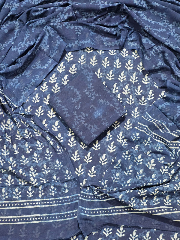 Hand Block Printed Unstitched Cotton Suit Set WIth Cotton Dupatta