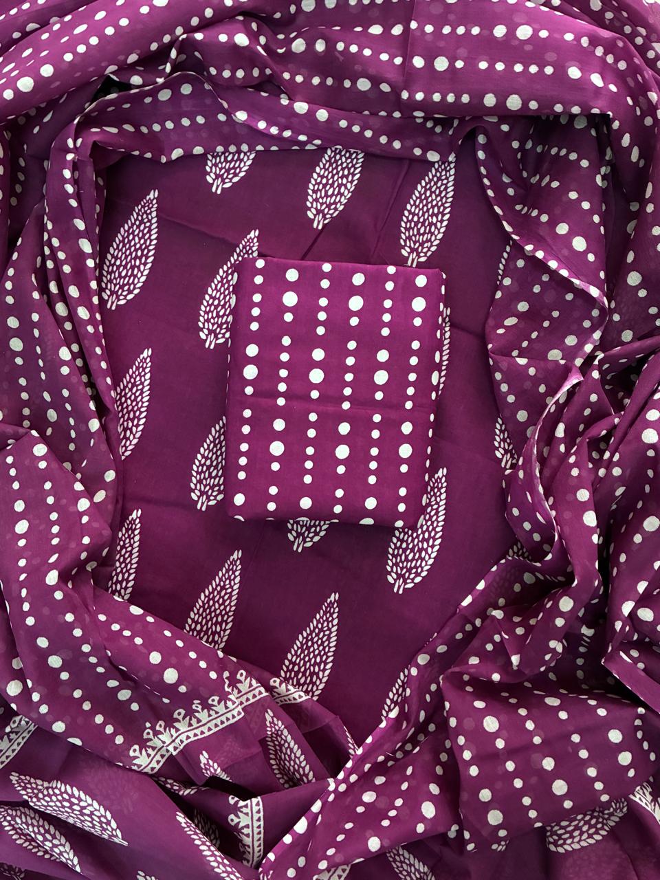 Hand Block Printed Unstitched Cotton Suit Set WIth Cotton Dupatta