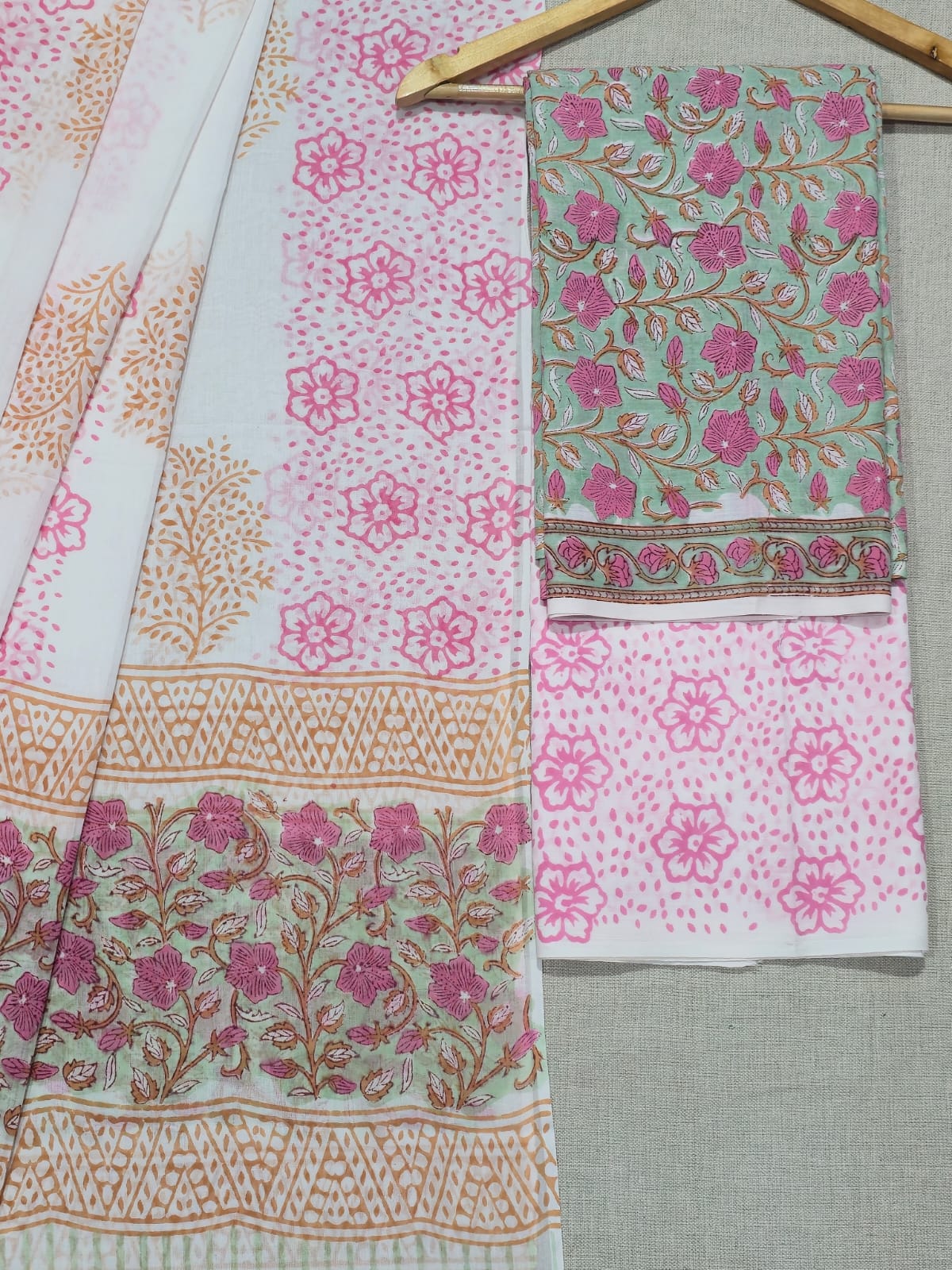 traditional cotton suit with printed mulmul dupatta