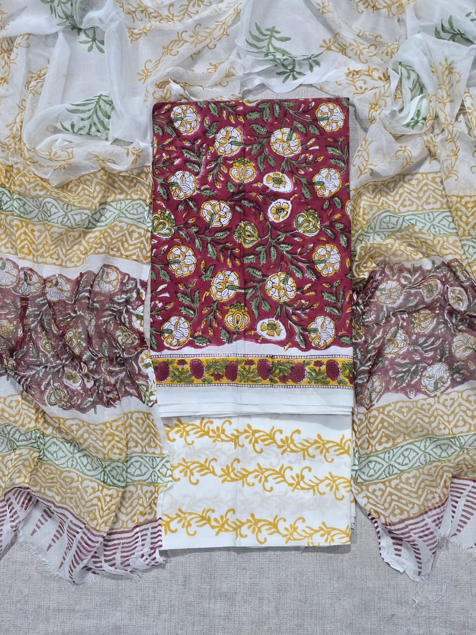 casual wear cotton suit with chiffon dupatta