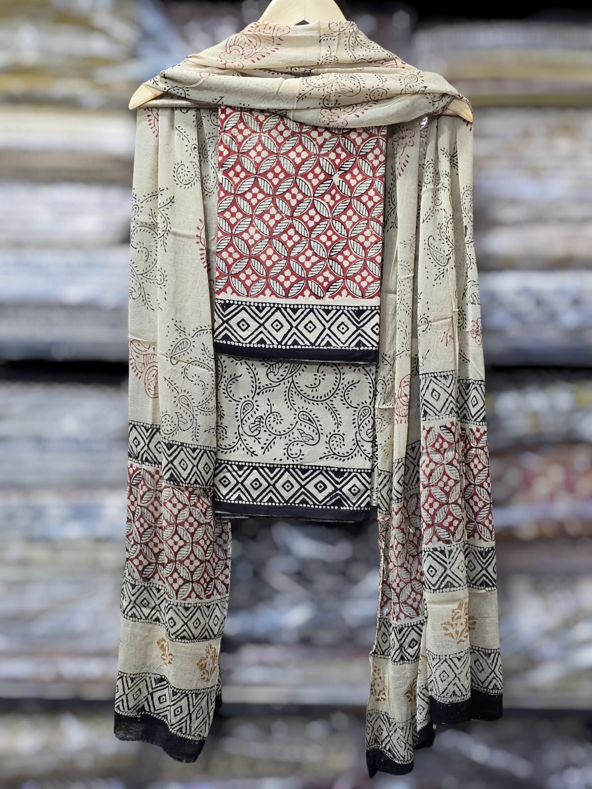 traditional printed cotton suit with chiffon dupatta