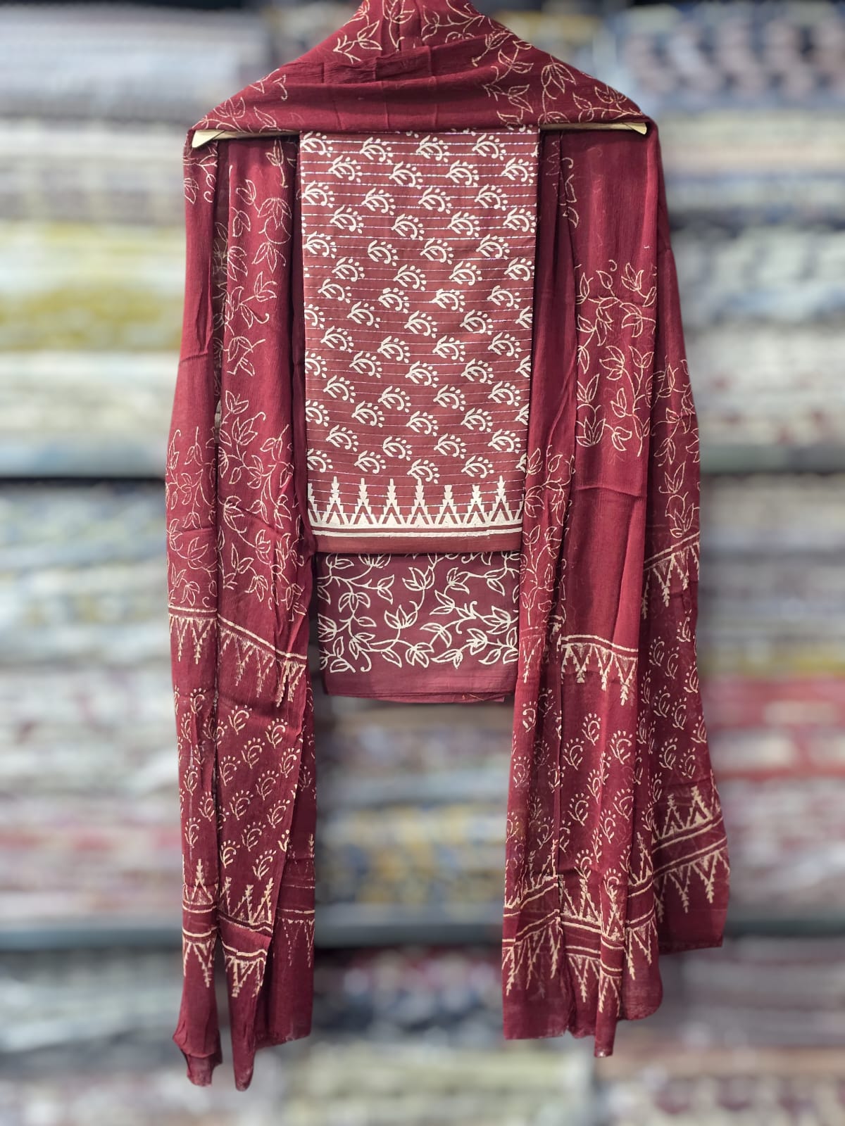 festive cotton suit with chiffon dupatta