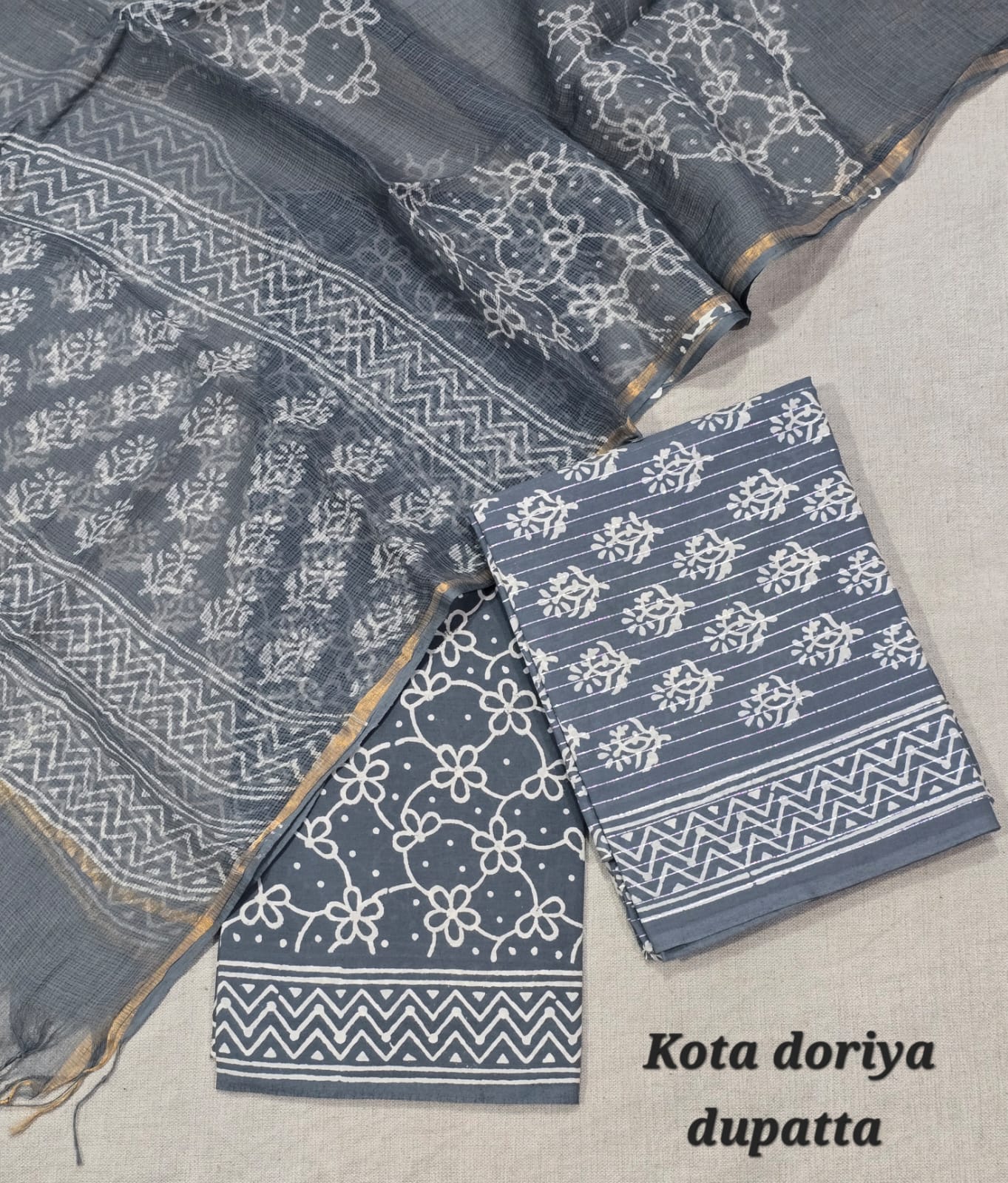 Floral Block Print Pure Cotton Suit with Kota Cotton Dupatta – Mustard Daily Wear