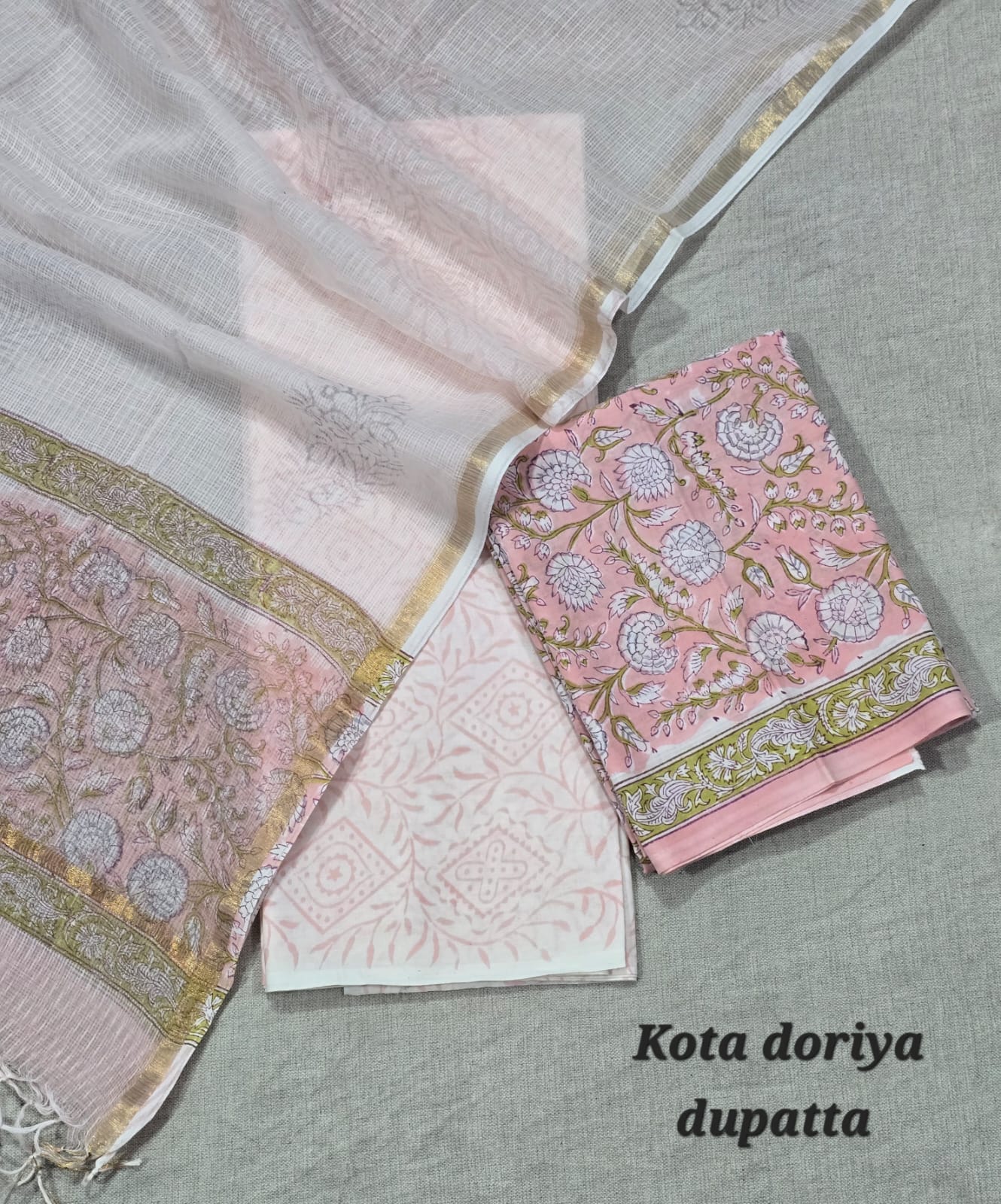 Rajasthani Handcrafted Pure Cotton Suit with Kota Cotton Dupatta – Green Daily Wear