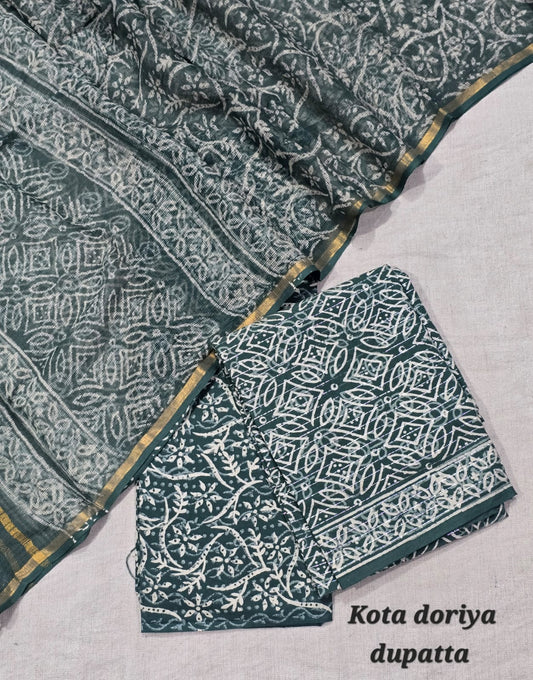 Minimal Block Print Pure Cotton Suit with Kota Cotton Dupatta – Ivory Classic Fit