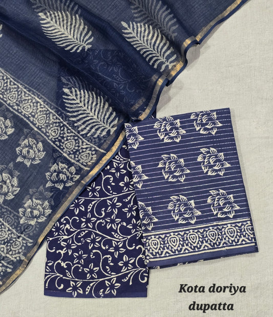 Dabu Print Pure Cotton Suit with Kota Cotton Dupatta – Indigo Festive Wear