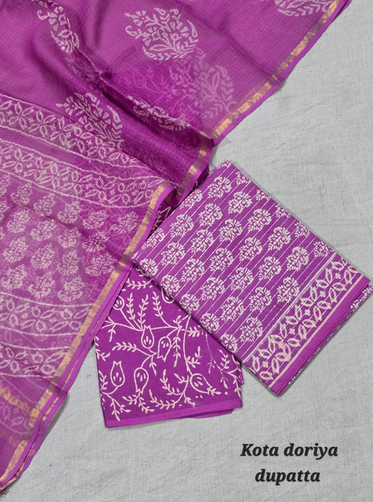 Vintage Block Print Pure Cotton Suit with Kota Cotton Dupatta – Pink Premium Set