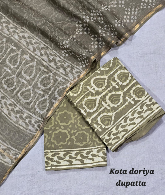 Artisan Hand Block Pure Cotton Suit with Kota Cotton Dupatta – Rust Premium Set