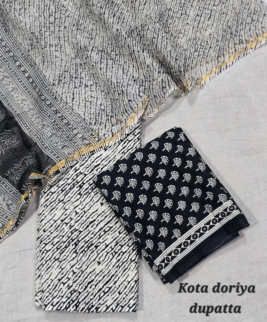 Floral Block Print Pure Cotton Suit with Kota Cotton Dupatta – Mustard Elegant Set