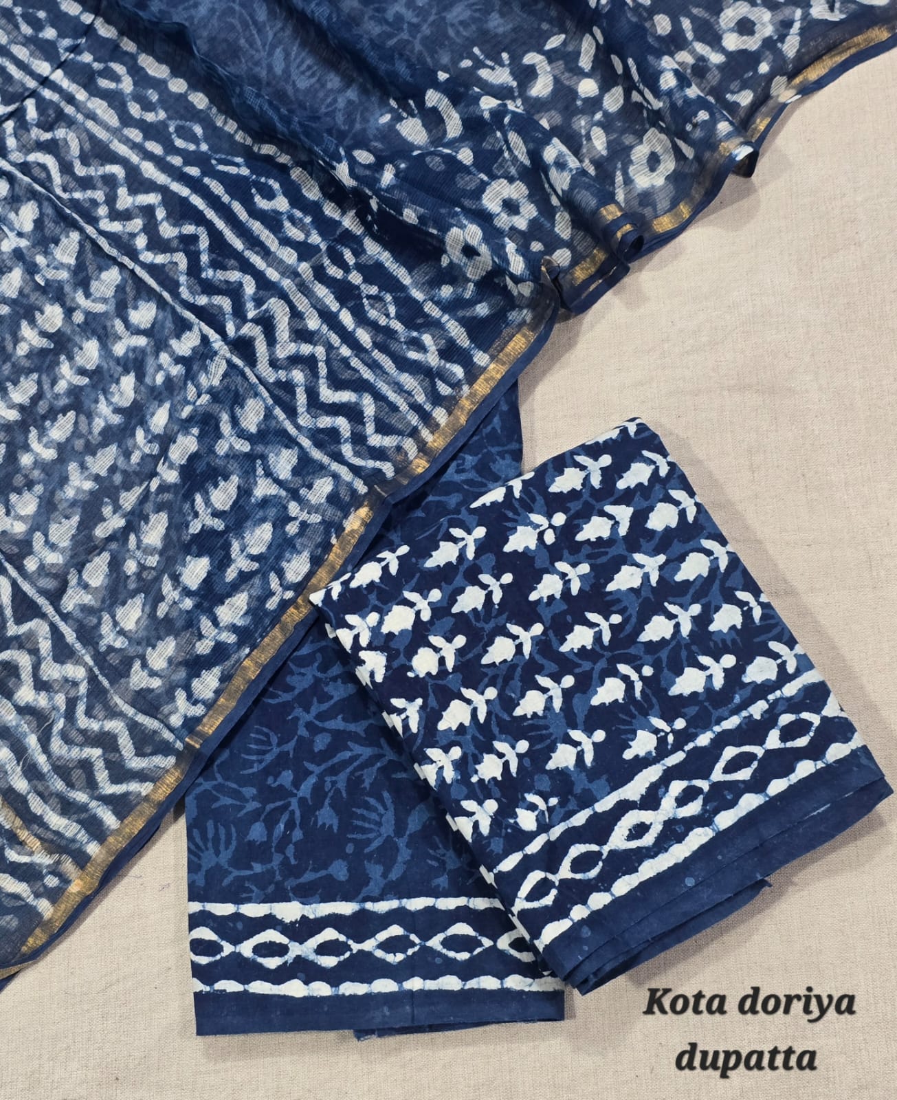 Ethnic Motif Print Pure Cotton Suit with Kota Cotton Dupatta – Blue Premium Set
