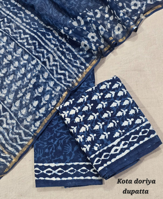 Ethnic Motif Print Pure Cotton Suit with Kota Cotton Dupatta – Blue Premium Set