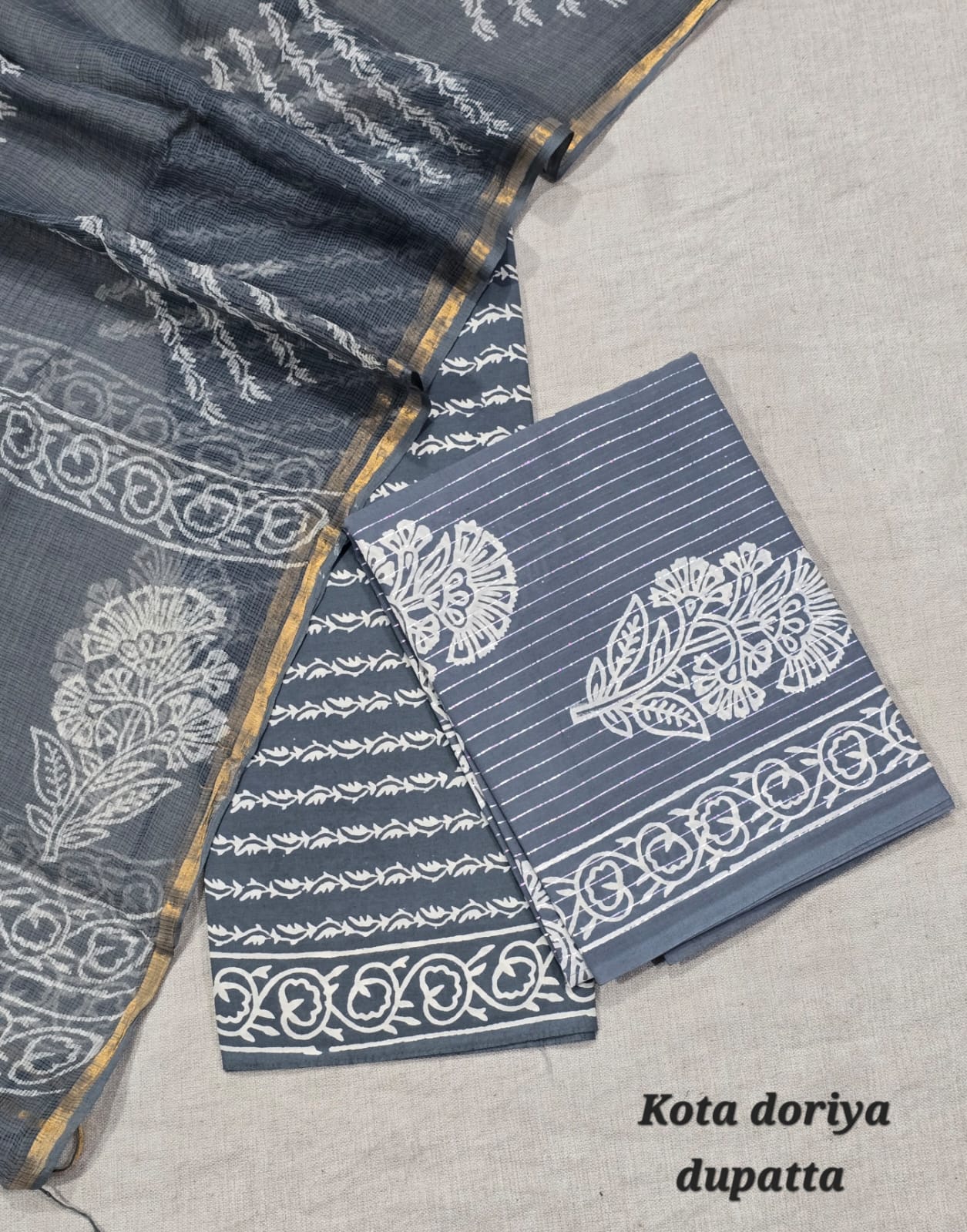 Traditional Ajrakh Inspired Pure Cotton Suit with Kota Cotton Dupatta – Black Office Wear