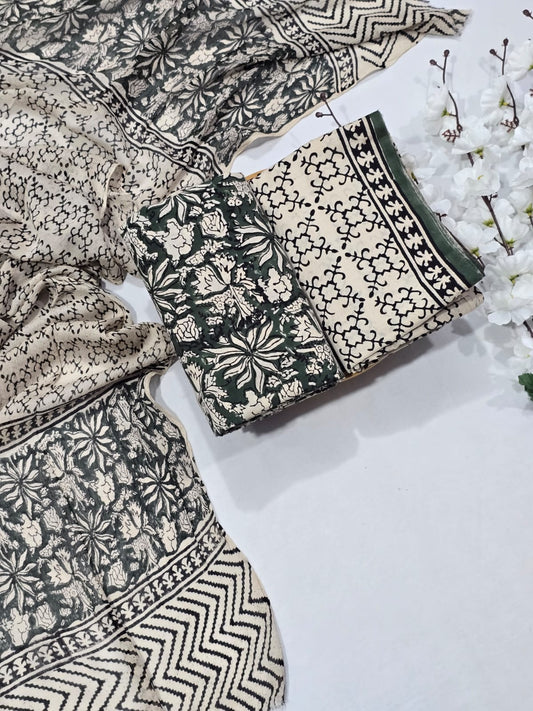 Contemporary Sky Blue Cotton Suit Set with Chiffon Dupatta - Geometric Print