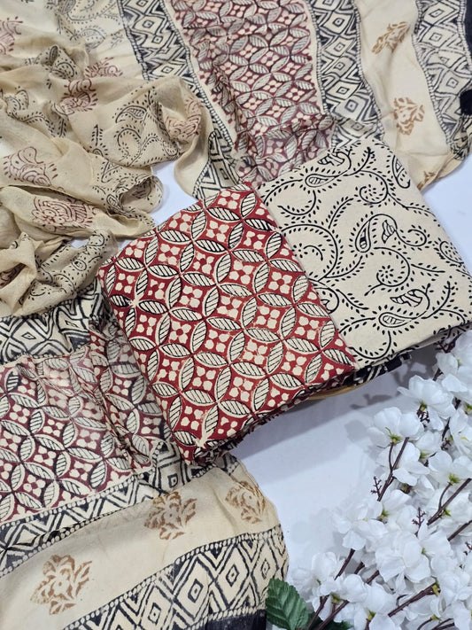 Contemporary Green Cotton Suit Set with Chiffon Dupatta - Block Print Style