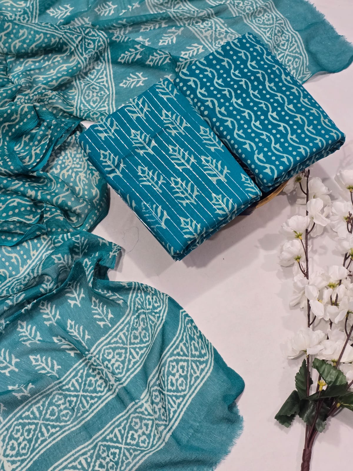 Everyday Navy Cotton Suit Set with Chiffon Dupatta - Pastel Print