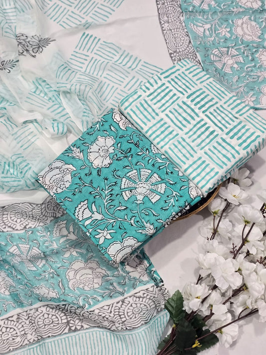 Elegant Indigo Cotton Suit Set with Chiffon Dupatta - Sanganeri Style