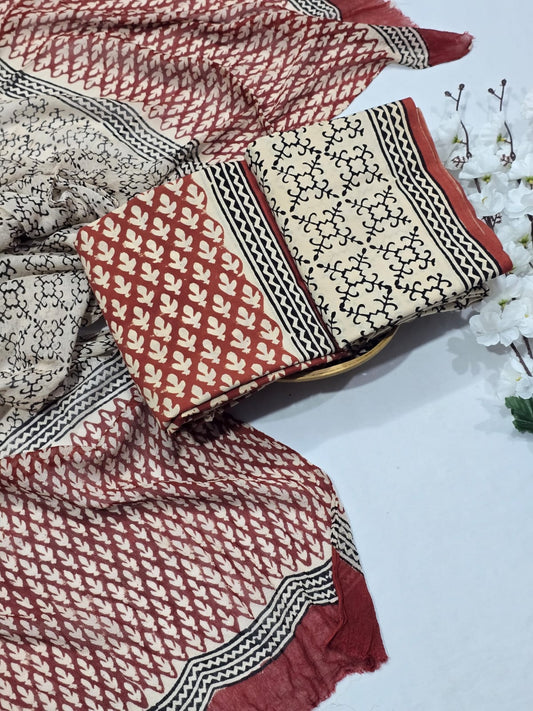 Everyday Wine Cotton Suit Set with Chiffon Dupatta - Leaf Print