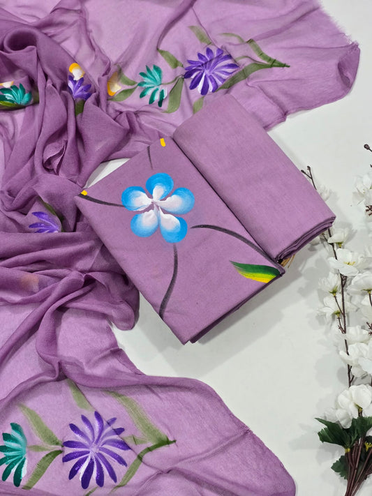 Everyday Turquoise Cotton Suit Set with Chiffon Dupatta - Leaf Print