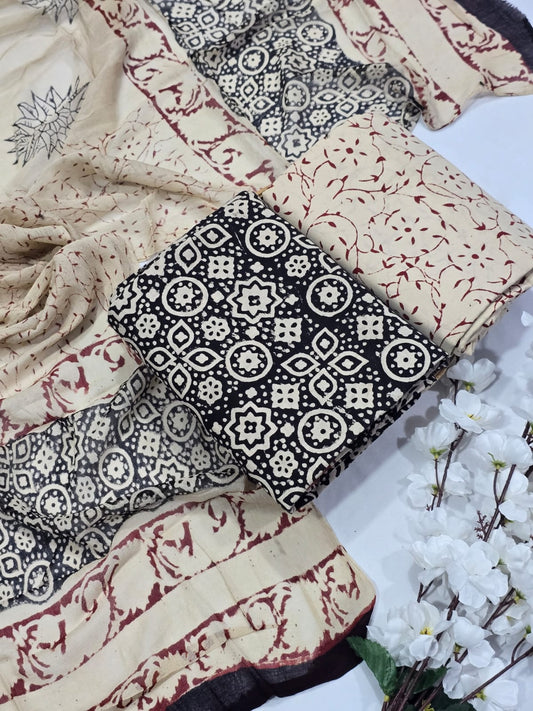 Contemporary Mint Cotton Suit Set with Chiffon Dupatta - Block Print Style